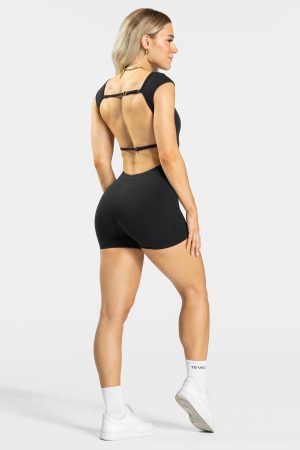 Femme Backless Short Jumpsuit Schwarz für Sport u