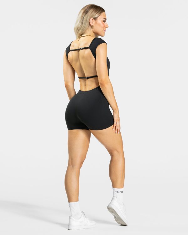 Femme Backless Short Jumpsuit Schwarz für Sport u