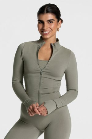 Modische Femme Shaping Zip Jacke in Farbe Khaki