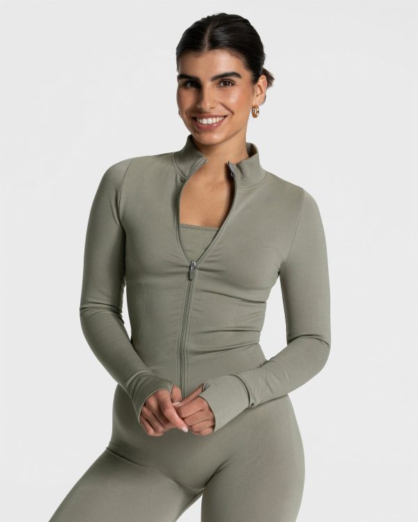 Modische Femme Shaping Zip Jacke in Farbe Khaki