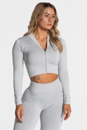 Statement Zip Jacke in Hellgrau für Damen